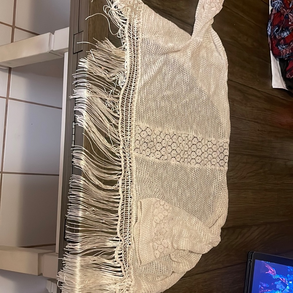 White fringe cardigan. Almost Famous brand.
